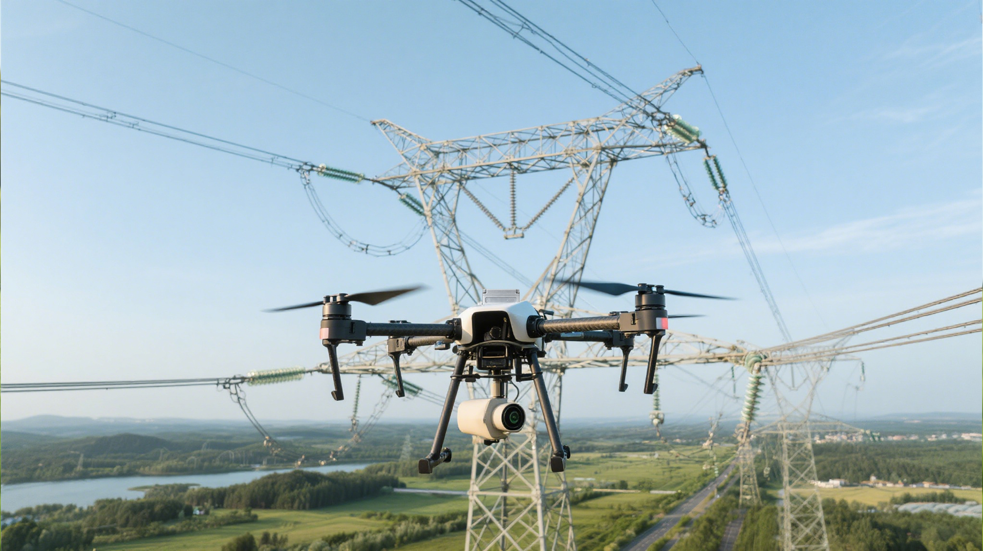 Inspection drone at a transmission tower
